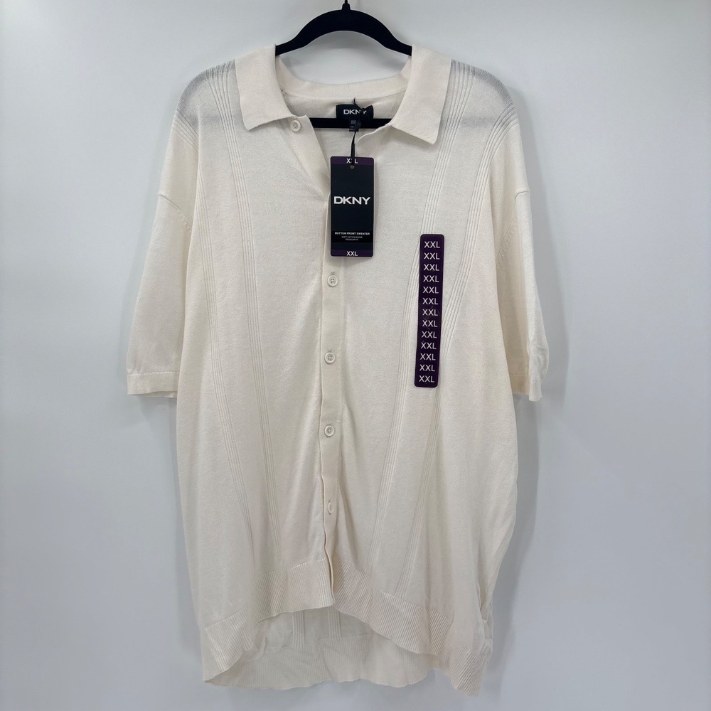 DKNY Mens Size 2XL Sweater Short Sleeve Button Up Ribbed White New